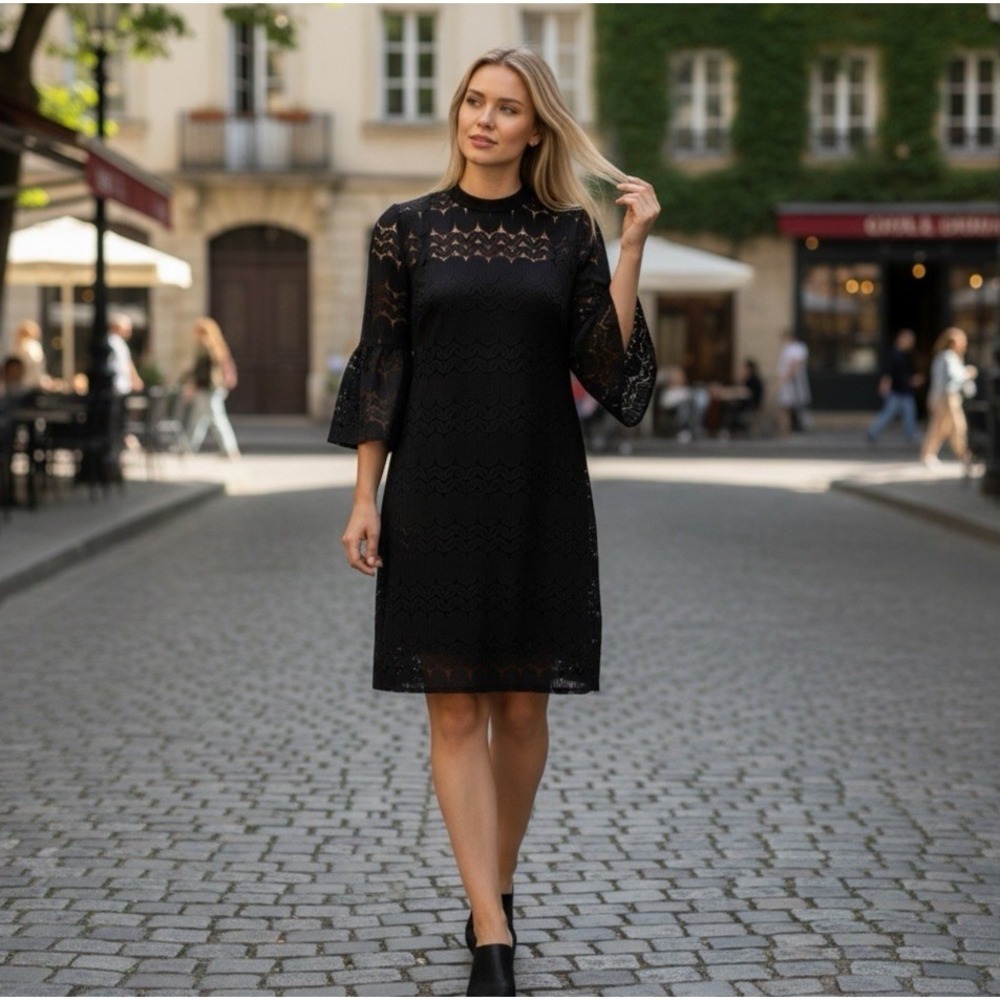 Trina Turk Twist Dress Womens 14 Black Lace Bell Sleeve Mock Shift Whimsigoth